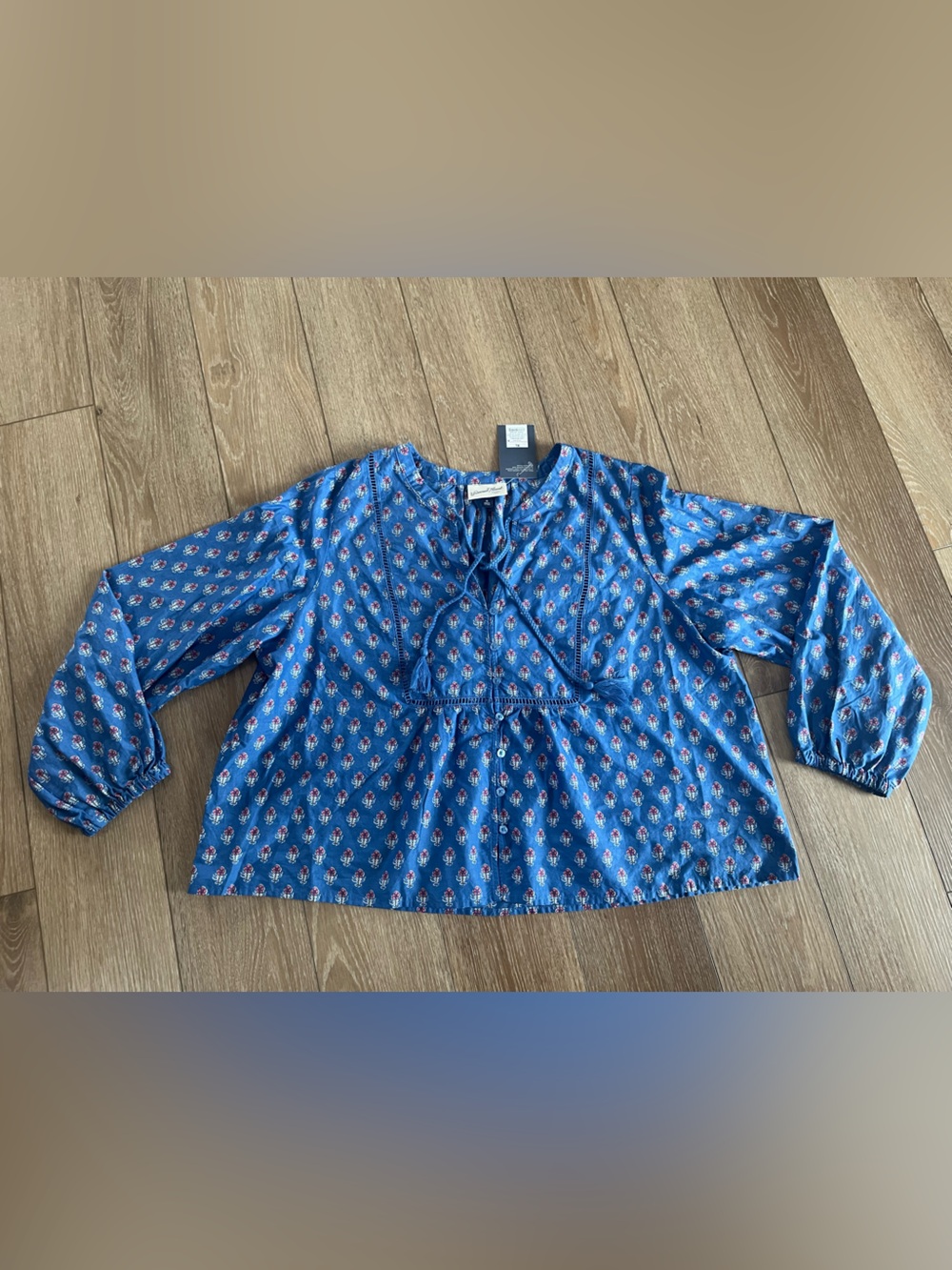 NWT Blue Floral flowy Tassel Tie Neck Blouse Size XL 100% Cotton boho cottage